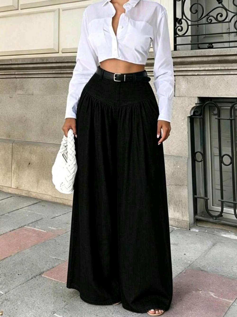 High-Waist Black Maxi Skirt with Gathered Waist